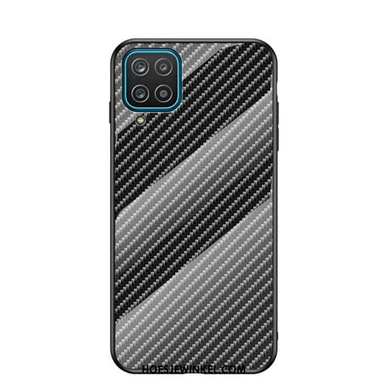 Telefoonhoesje voor Samsung Galaxy M12 / A12 Koolstofvezel Gehard Glas