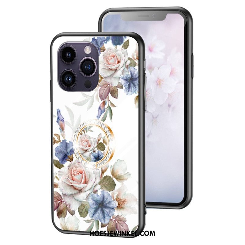 Telefoonhoesje voor iPhone 15 Pro Max Gebloemd Gehard Glas Met Steunring