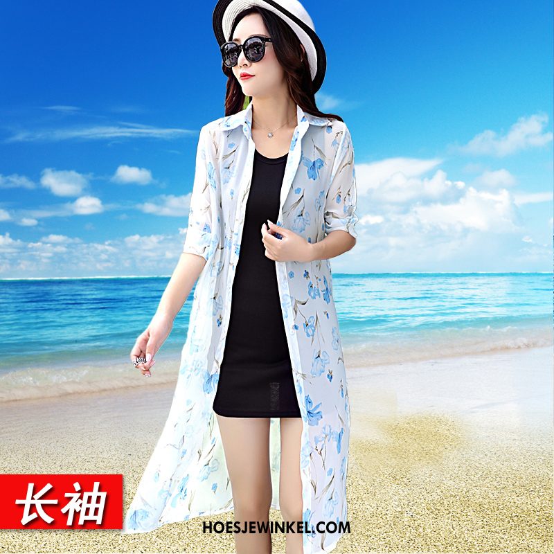 Uv Kleding Dames Chiffon Lang Dun, Uv Kleding Strand Cardigan Weiß