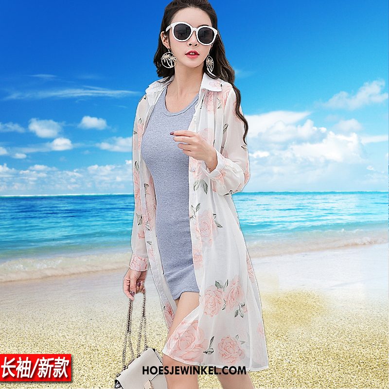 Uv Kleding Dames Chiffon Lang Dun, Uv Kleding Strand Cardigan Weiß