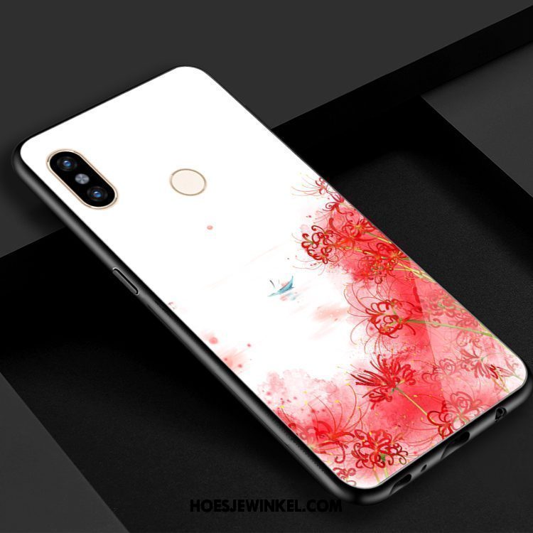 Xiaomi Mi 8 Hoesje Bloemen Blauw Rood, Xiaomi Mi 8 Hoesje Mobiele Telefoon Gehard Glas Beige