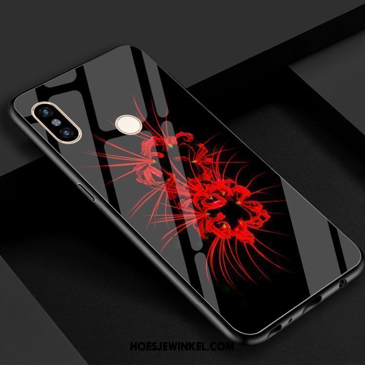 Xiaomi Mi 8 Hoesje Bloemen Blauw Rood, Xiaomi Mi 8 Hoesje Mobiele Telefoon Gehard Glas Beige