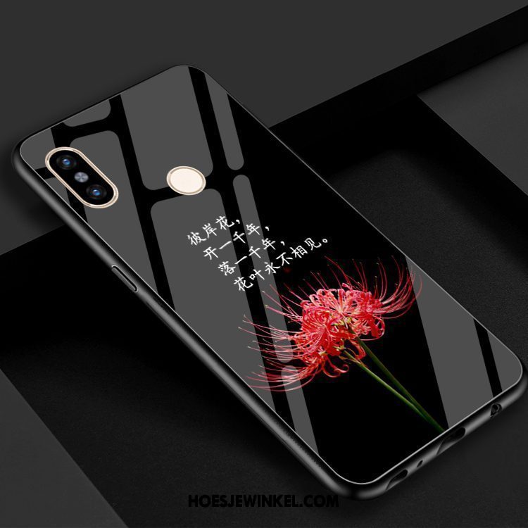 Xiaomi Mi 8 Hoesje Bloemen Blauw Rood, Xiaomi Mi 8 Hoesje Mobiele Telefoon Gehard Glas Beige