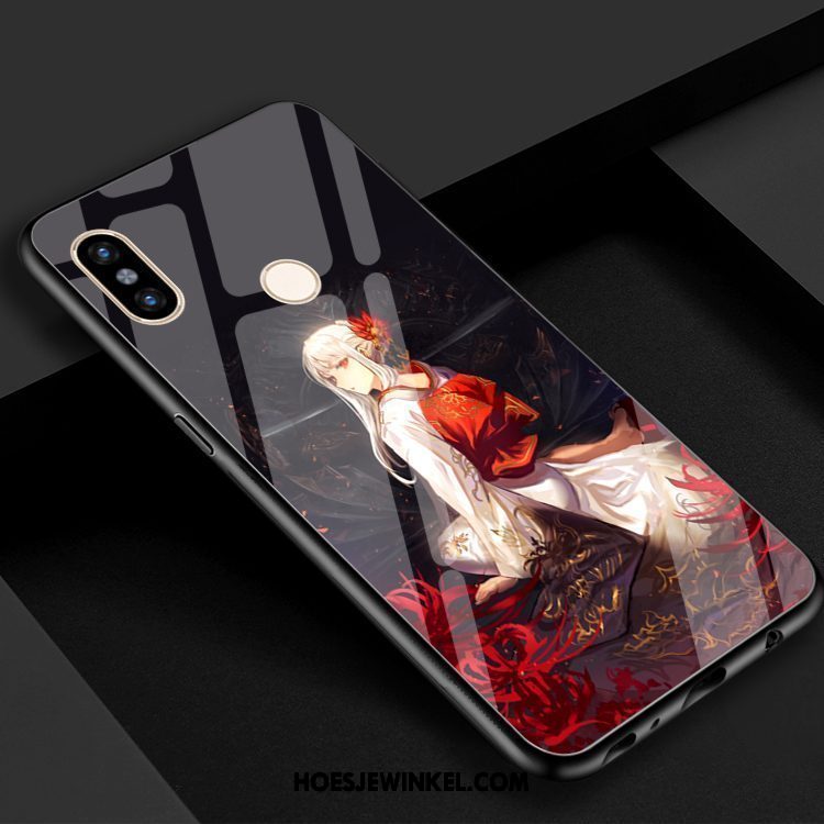 Xiaomi Mi 8 Hoesje Bloemen Blauw Rood, Xiaomi Mi 8 Hoesje Mobiele Telefoon Gehard Glas Beige