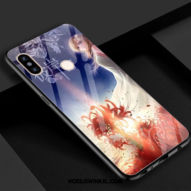 Xiaomi Mi 8 Hoesje Bloemen Blauw Rood, Xiaomi Mi 8 Hoesje Mobiele Telefoon Gehard Glas Beige