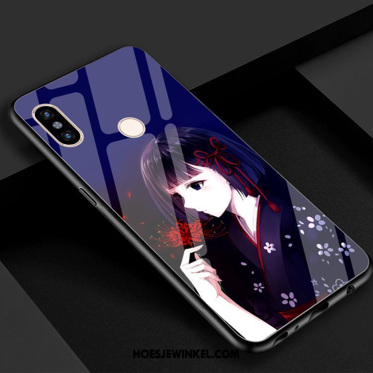 Xiaomi Mi 8 Hoesje Bloemen Blauw Rood, Xiaomi Mi 8 Hoesje Mobiele Telefoon Gehard Glas Beige