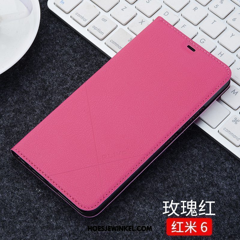 Xiaomi Redmi 6 Hoesje Bescherming Rood Clamshell, Xiaomi Redmi 6 Hoesje Leren Etui Zwart Beige