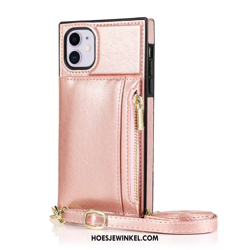 iPhone 12 Hoesje Hanger Roze Leren Etui, iPhone 12 Hoesje Portemonnee Kaart