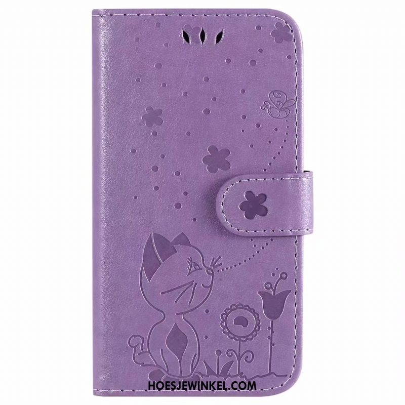 iPhone 12 Hoesje Leren Etui Folio Purper, iPhone 12 Hoesje Kat Mobiele Telefoon