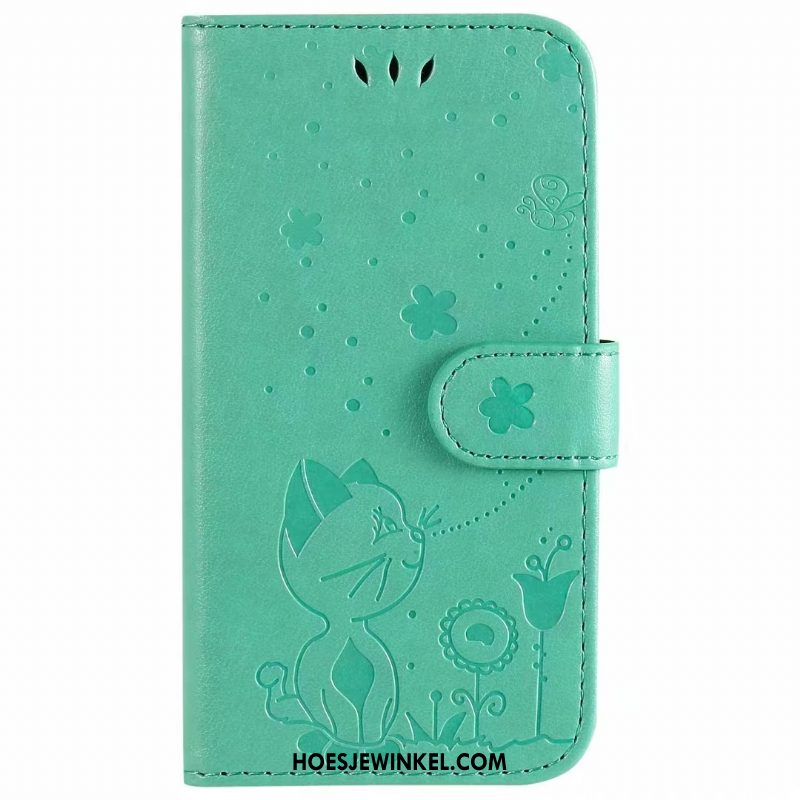 iPhone 12 Hoesje Leren Etui Folio Purper, iPhone 12 Hoesje Kat Mobiele Telefoon