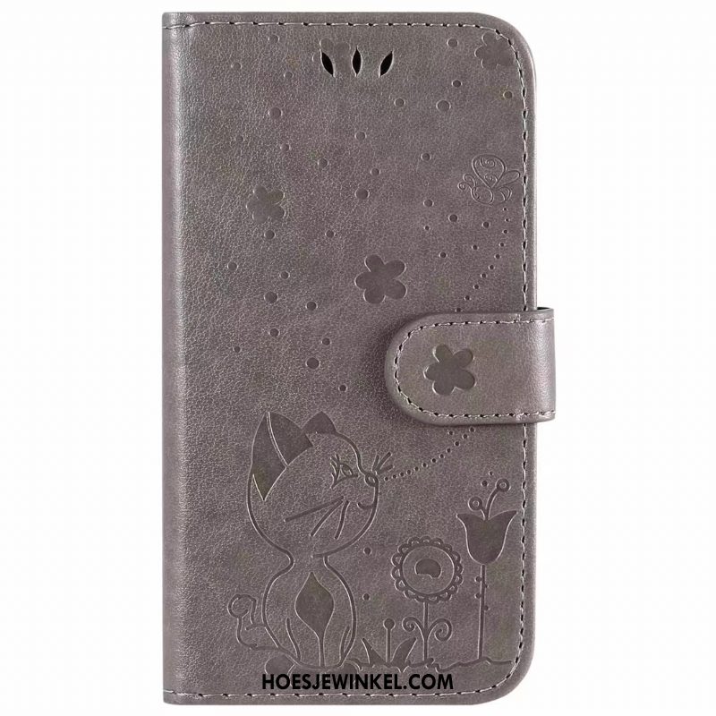 iPhone 12 Hoesje Leren Etui Folio Purper, iPhone 12 Hoesje Kat Mobiele Telefoon