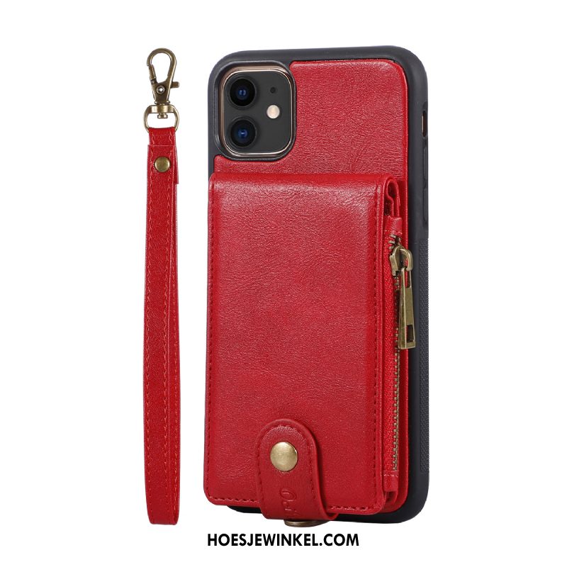 iPhone 12 Hoesje Ondersteuning Kaart Tas Mobiele Telefoon, iPhone 12 Hoesje Leren Etui Rood