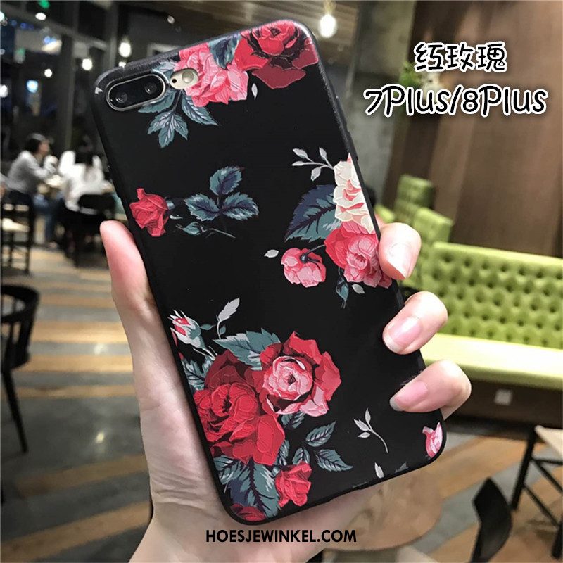 iPhone 7 Plus Hoesje Mobiele Telefoon Siliconen All Inclusive, iPhone 7 Plus Hoesje Zwart Bloemen