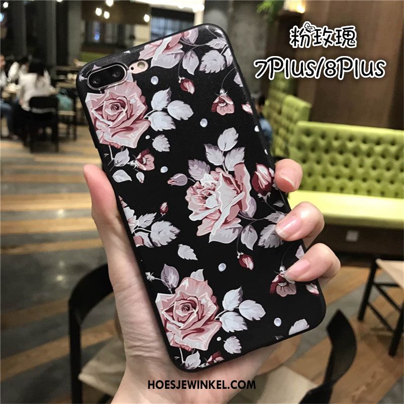 iPhone 7 Plus Hoesje Mobiele Telefoon Siliconen All Inclusive, iPhone 7 Plus Hoesje Zwart Bloemen