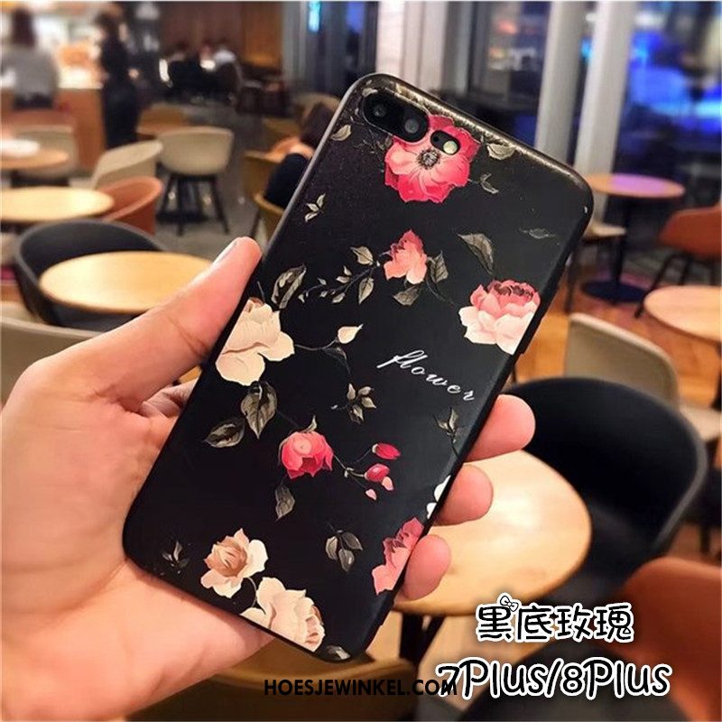 iPhone 7 Plus Hoesje Mobiele Telefoon Siliconen All Inclusive, iPhone 7 Plus Hoesje Zwart Bloemen