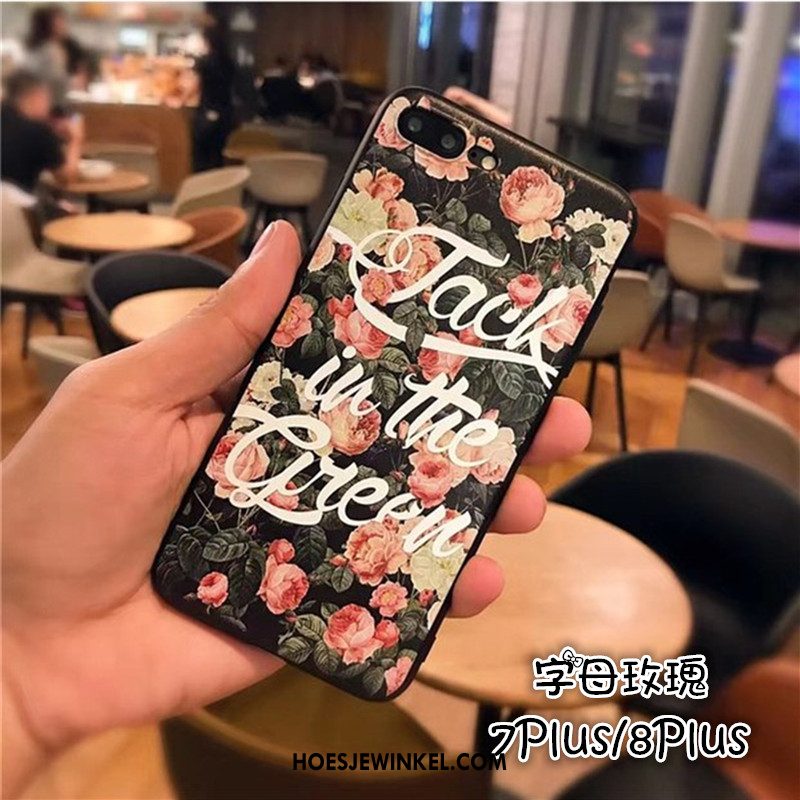 iPhone 7 Plus Hoesje Mobiele Telefoon Siliconen All Inclusive, iPhone 7 Plus Hoesje Zwart Bloemen