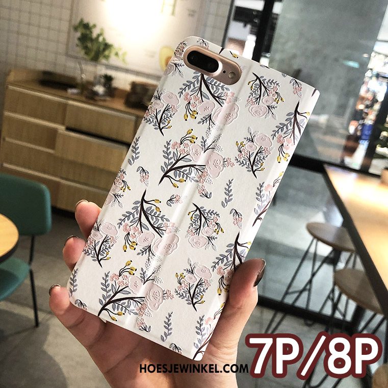 iPhone 7 Plus Hoesje Wit Folio Scheppend, iPhone 7 Plus Hoesje Bloemen Reliëf