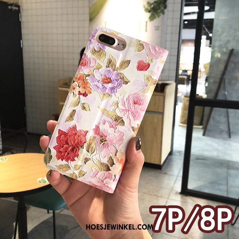 iPhone 7 Plus Hoesje Wit Folio Scheppend, iPhone 7 Plus Hoesje Bloemen Reliëf