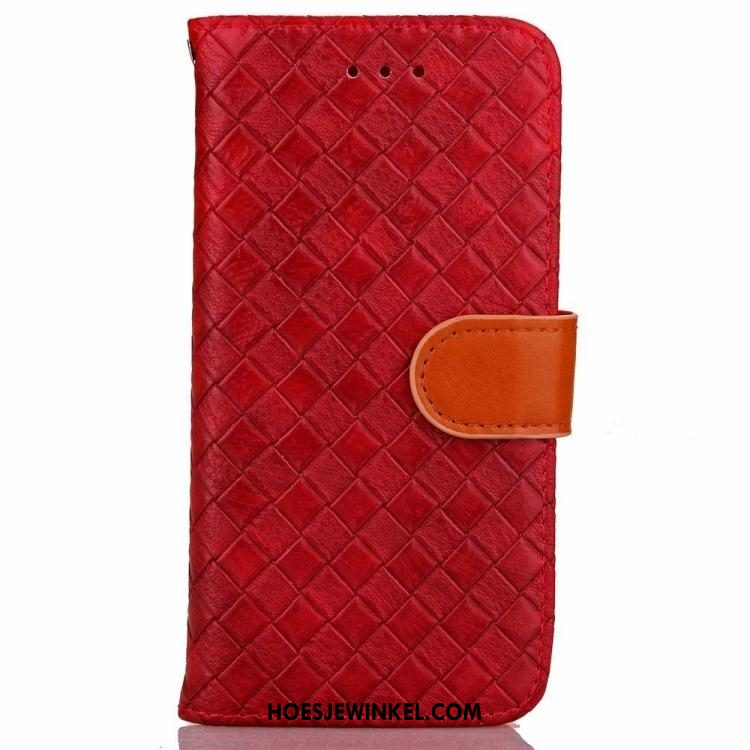 iPhone 8 Plus Hoesje Bescherming Rood Patroon, iPhone 8 Plus Hoesje Leren Etui Weven