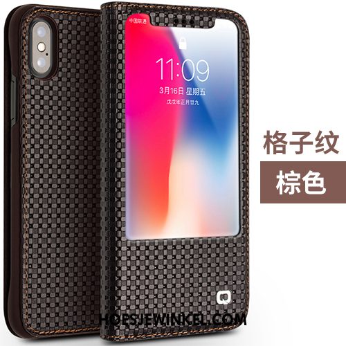 iPhone X Hoesje Echt Leer Anti-fall Classic, iPhone X Hoesje Leren Etui Kaart Braun