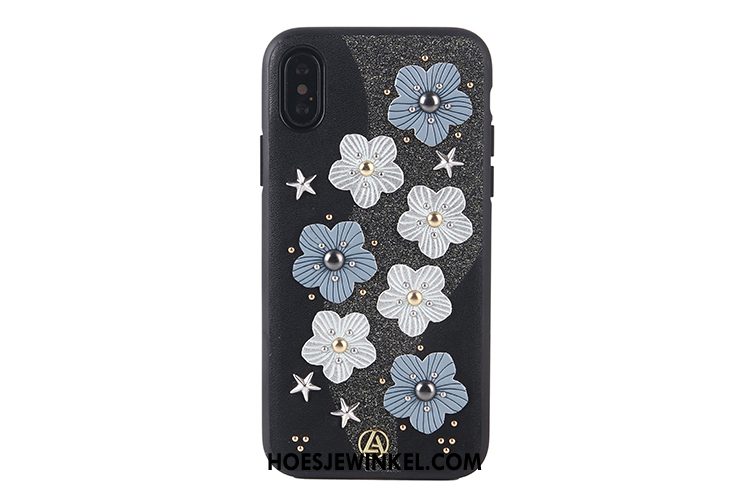 iPhone X Hoesje Roze Zwart Bloemen, iPhone X Hoesje Blauw Bescherming