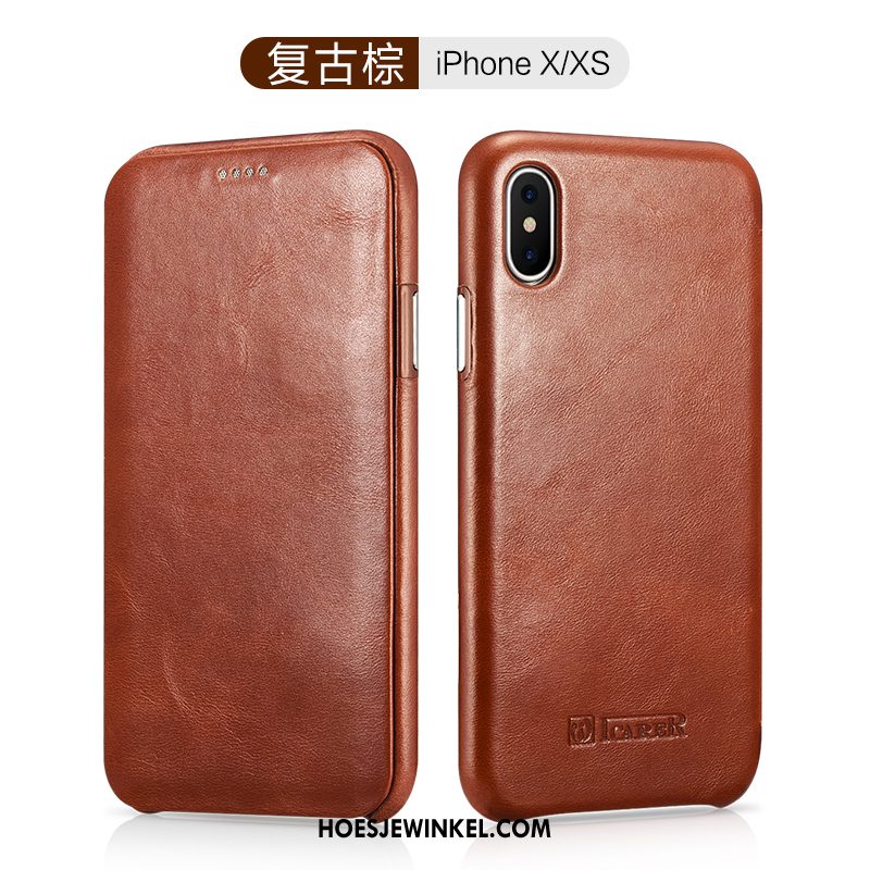 iPhone Xs Hoesje Folio Bescherming Hoes, iPhone Xs Hoesje Anti-fall Leren Etui Braun