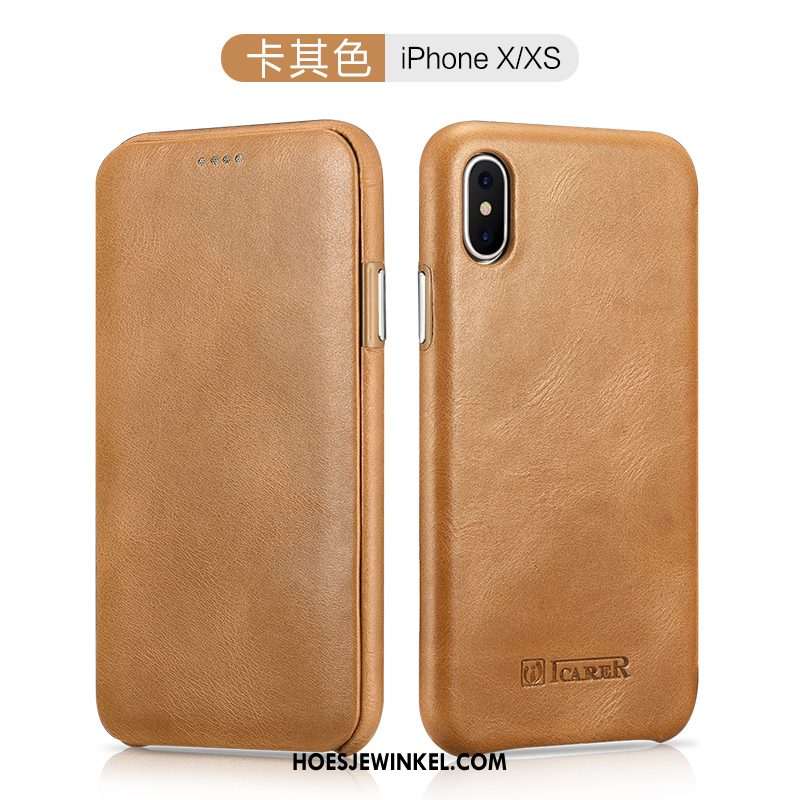 iPhone Xs Hoesje Folio Bescherming Hoes, iPhone Xs Hoesje Anti-fall Leren Etui Braun