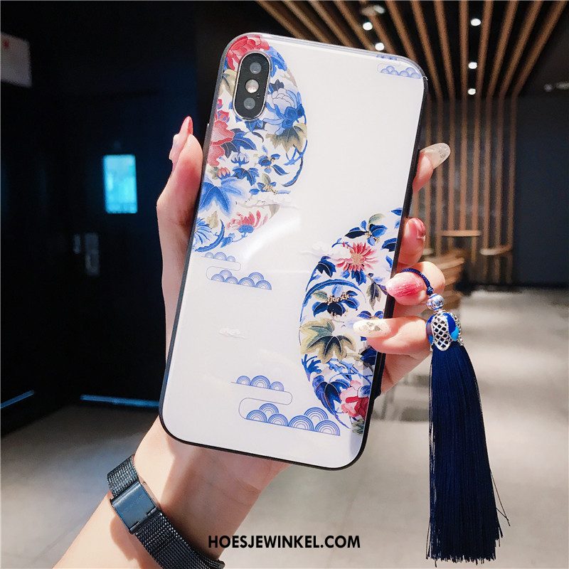 iPhone Xs Max Hoesje Bloemen Roze Glas, iPhone Xs Max Hoesje Chinese Stijl Mobiele Telefoon