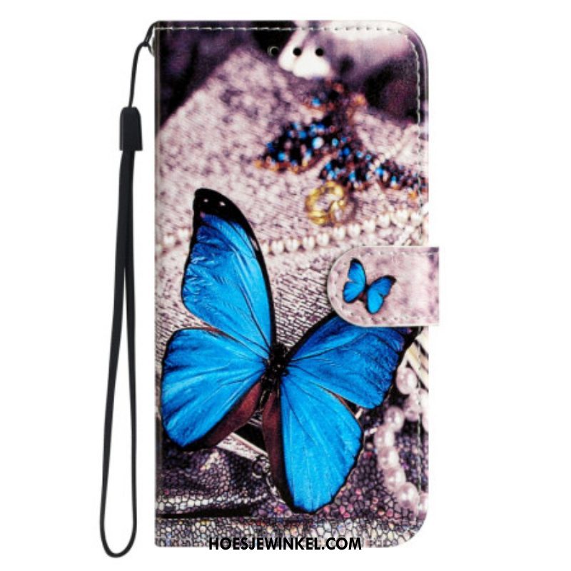 Flip Case voor Moto G73 5G Met Ketting Kostbare Blauwe Vlinder Met Riem