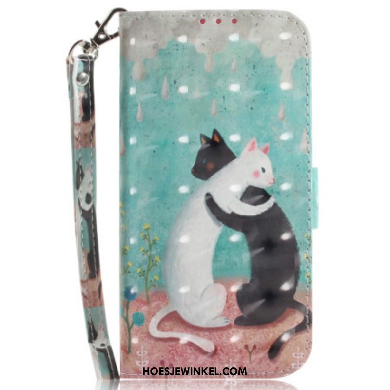 Flip Case voor Moto G73 5G Met Ketting Zwarte Kat Witte Kat Met Riem