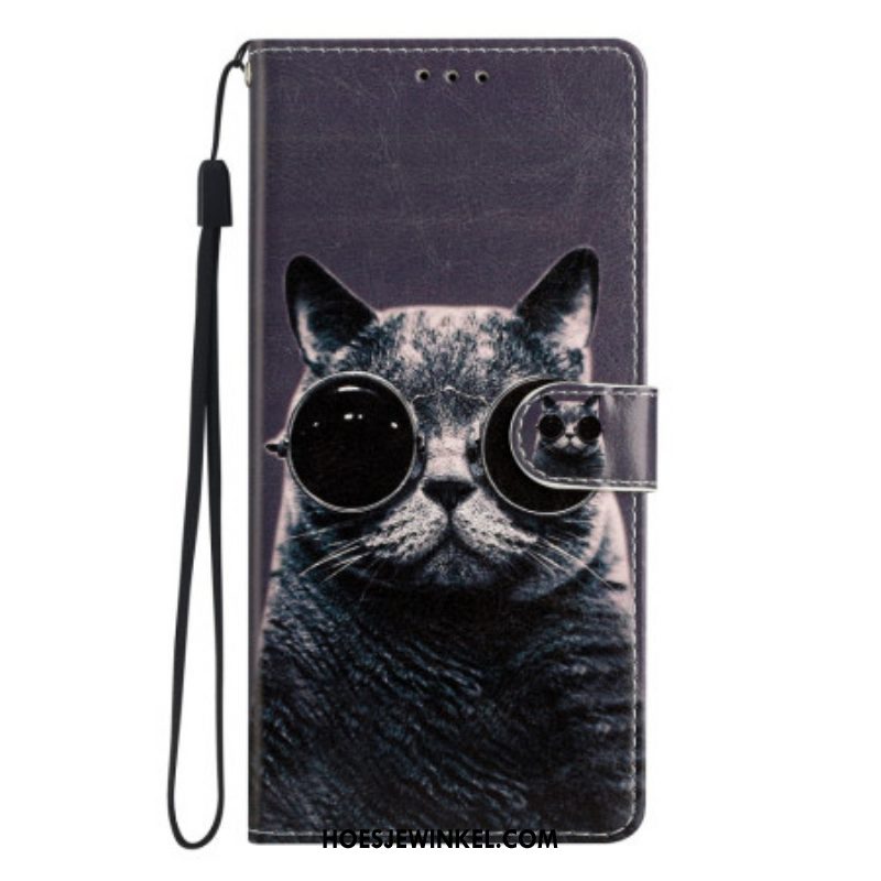 Flip Case voor Oppo Reno 8 Met Ketting Kat Strappy Bril