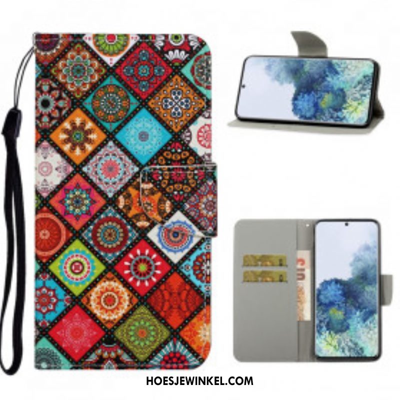 Flip Case voor Samsung Galaxy S21 Ultra 5G Lappendeken Mandala's Met Lanyard