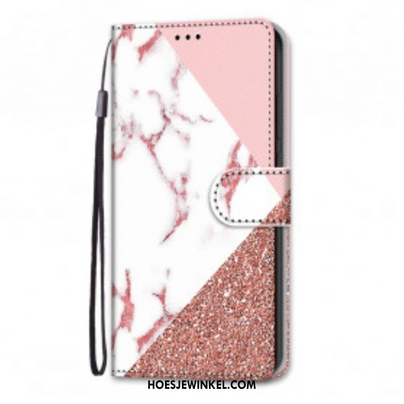 Flip Case voor Samsung Galaxy S21 Ultra 5G Marmer En Glitterdriehoek