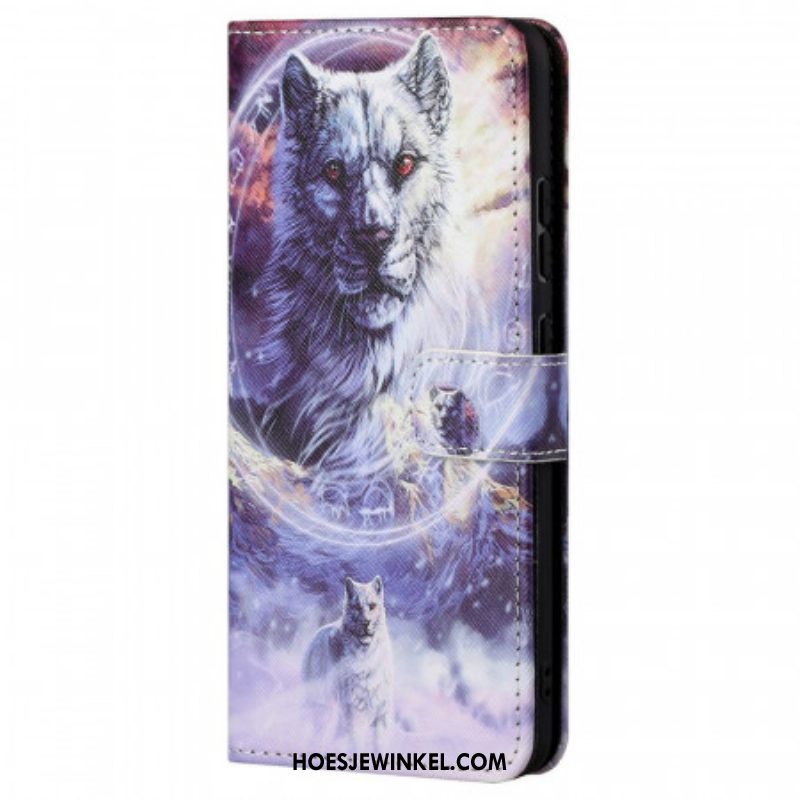 Flip Case voor Xiaomi Redmi Note 11 Pro / 11 Pro 5G Wolf In De Winter Met Sleutelkoord