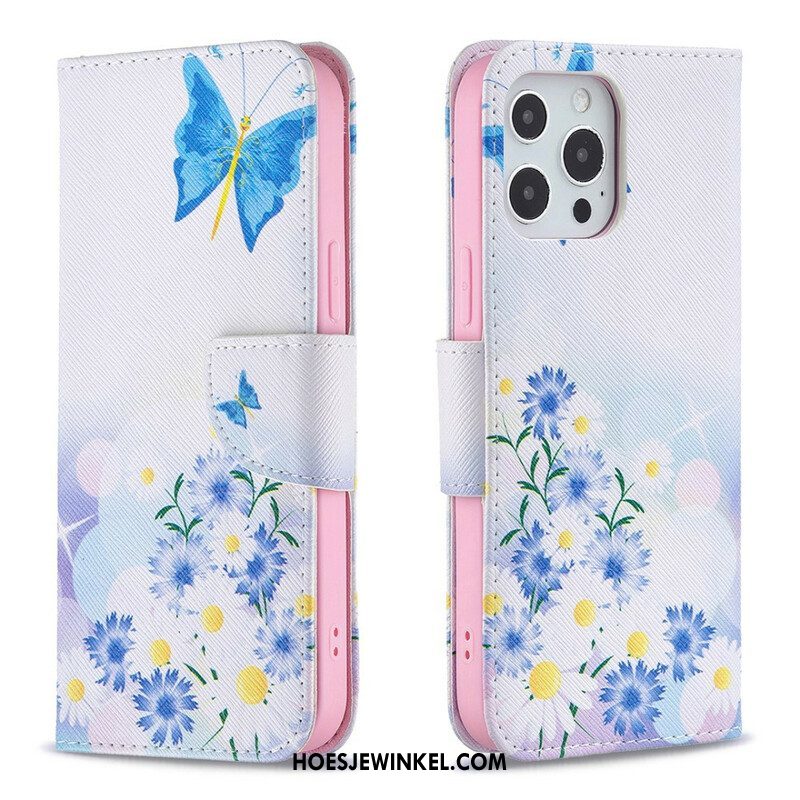 Flip Case voor iPhone 13 Pro Max Geschilderde Vlinders En Bloemen