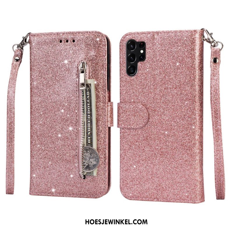 Folio-hoesje Samsung Galaxy S25 Ultra 5g Telefoonhoesje Glittertasje Met Bandje