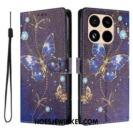 Folio-hoesje Xiaomi 15t Pro Telefoonhoesje Gouden En Blauwe Vlinders