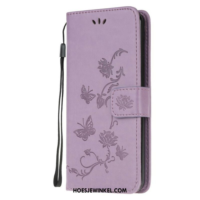 Folio-hoesje voor Samsung Galaxy A42 5G Met Ketting String Vlinders En Bloemen