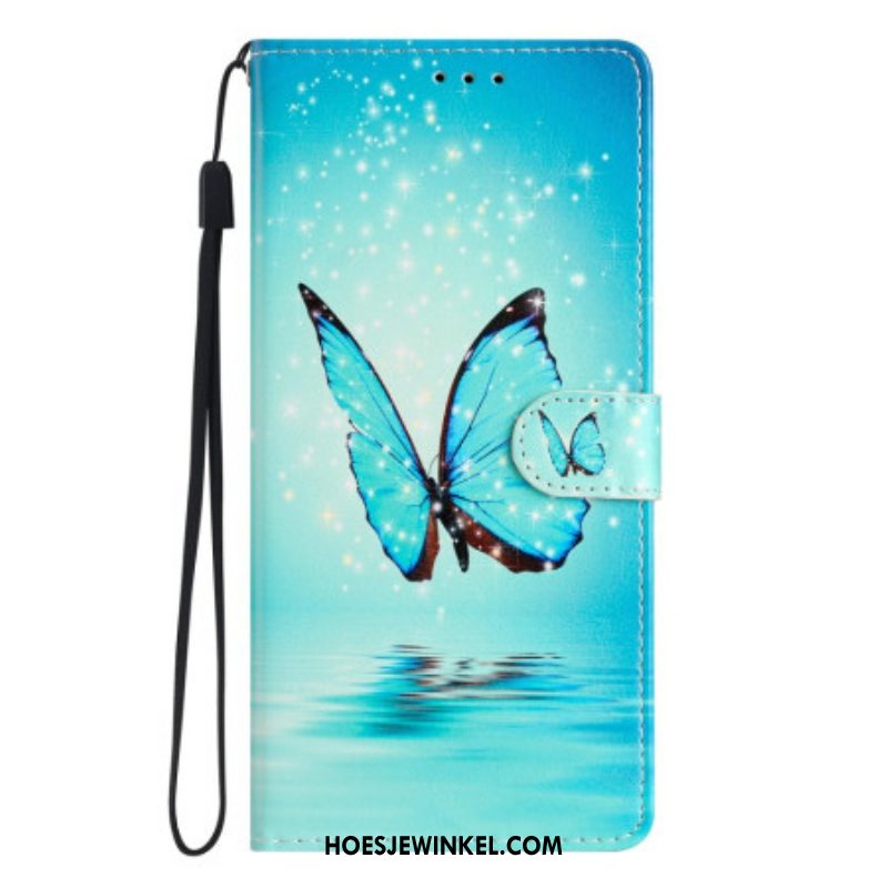 Folio-hoesje voor Samsung Galaxy A54 5G Met Ketting Blauwe Vlinder Met Riem