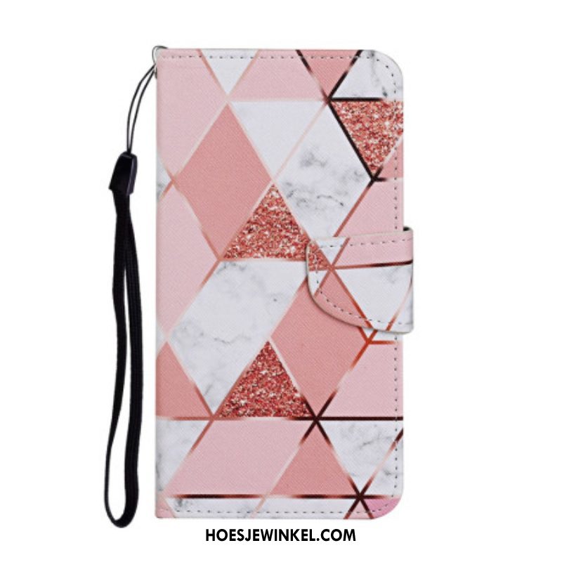 Folio-hoesje voor Samsung Galaxy A54 5G Met Ketting Marmer En Glitter Strappy