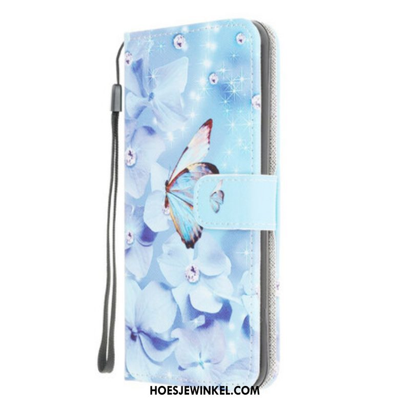 Folio-hoesje voor Samsung Galaxy M12 / A12 Met Ketting Strappy Diamanten Vlinders