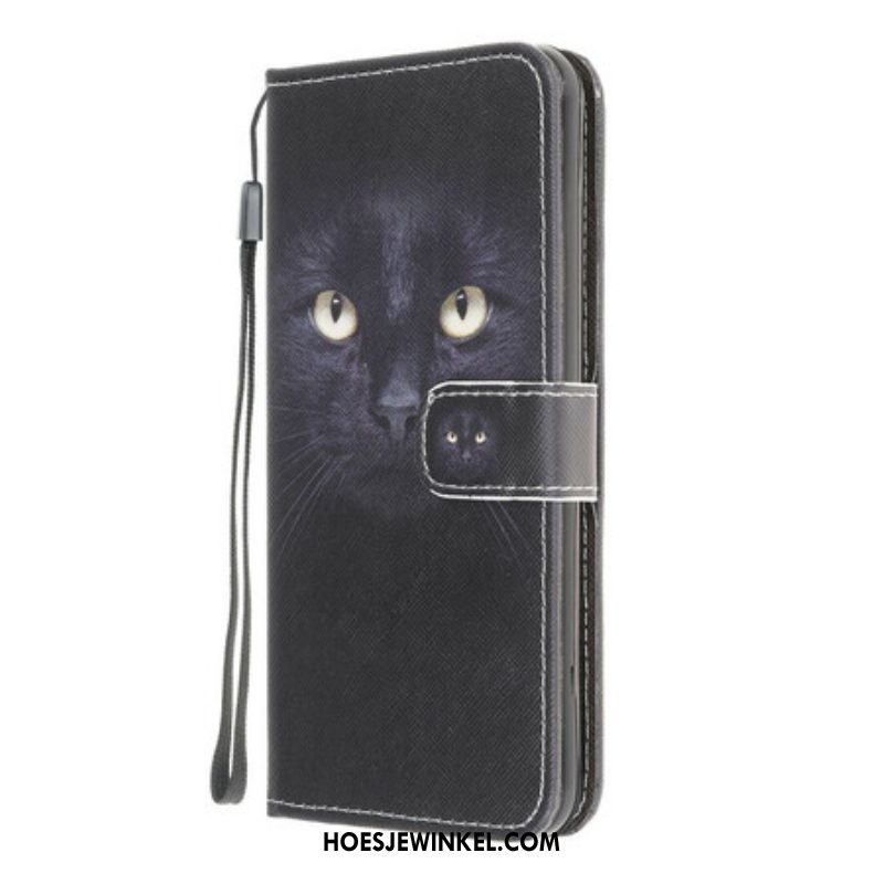 Folio-hoesje voor Samsung Galaxy M12 / A12 Met Ketting Strappy Zwarte Kattenogen