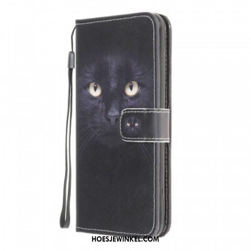 Folio-hoesje voor Samsung Galaxy M32 Met Ketting Strappy Zwarte Kattenogen