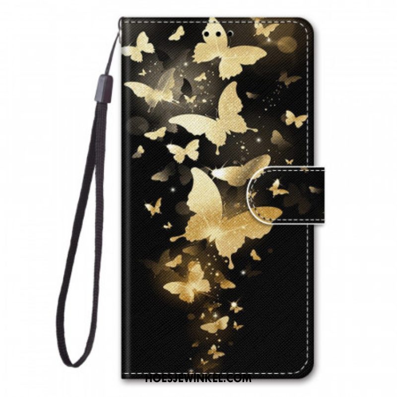 Folio-hoesje voor Samsung Galaxy M53 5G Met Ketting Gouden Vlinders Met Riem