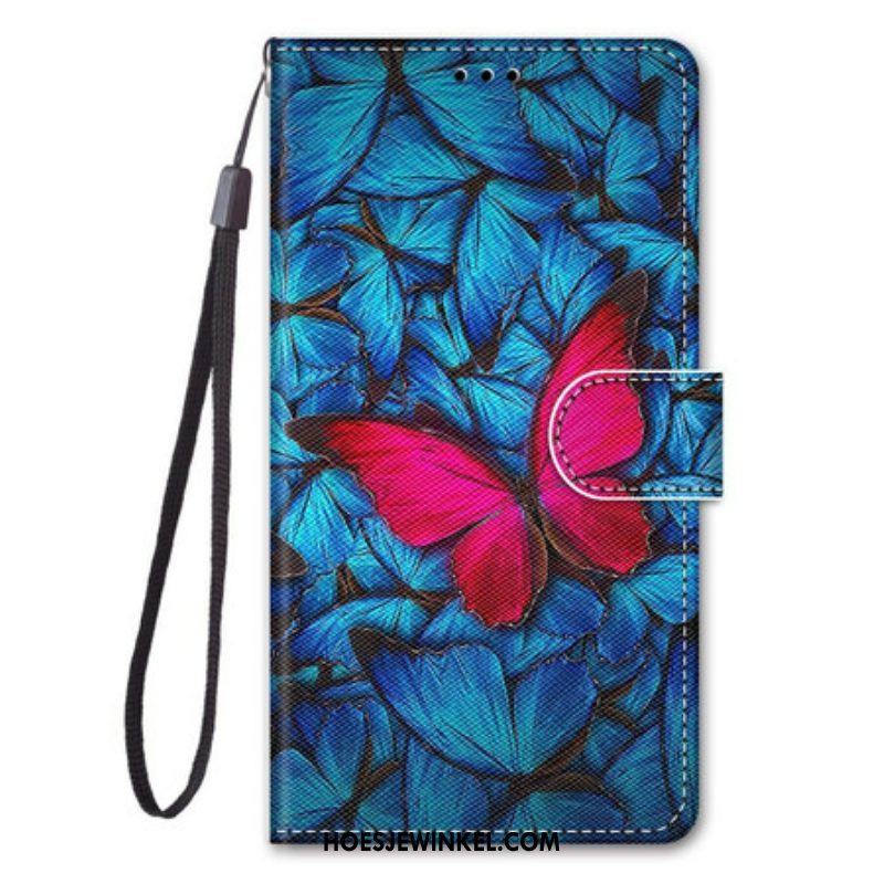 Folio-hoesje voor Samsung Galaxy S21 5G Rode Vlinder Blauwe Achtergrond