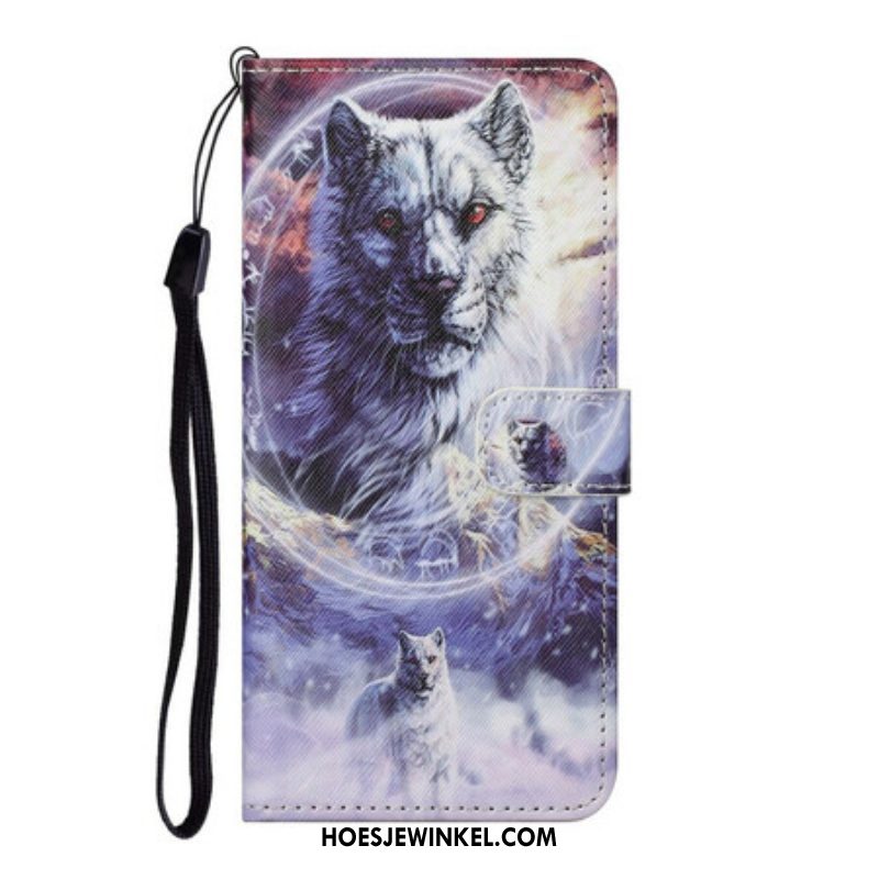 Folio-hoesje voor Samsung Galaxy S21 FE Wolf In De Winter Met Sleutelkoord