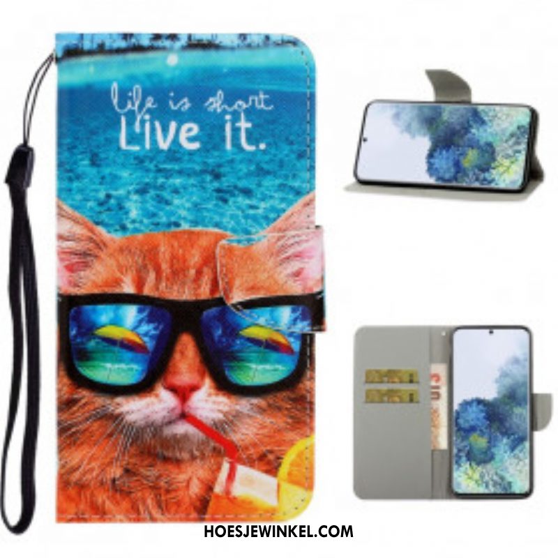 Folio-hoesje voor Samsung Galaxy S21 Ultra 5G Met Ketting Kat Live It Strappy