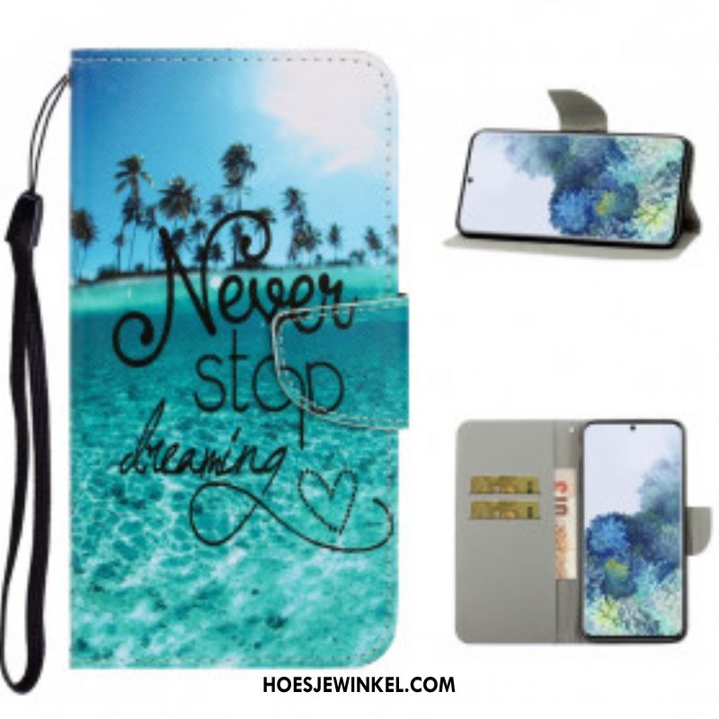 Folio-hoesje voor Samsung Galaxy S21 Ultra 5G Met Ketting Stop Nooit Met Dromen In Marineblauwe Bandjes