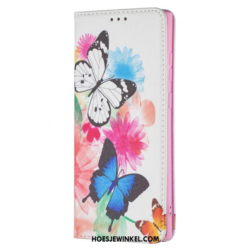 Folio-hoesje voor Samsung Galaxy S22 Ultra 5G Geschilderde Vlinders En Bloemen