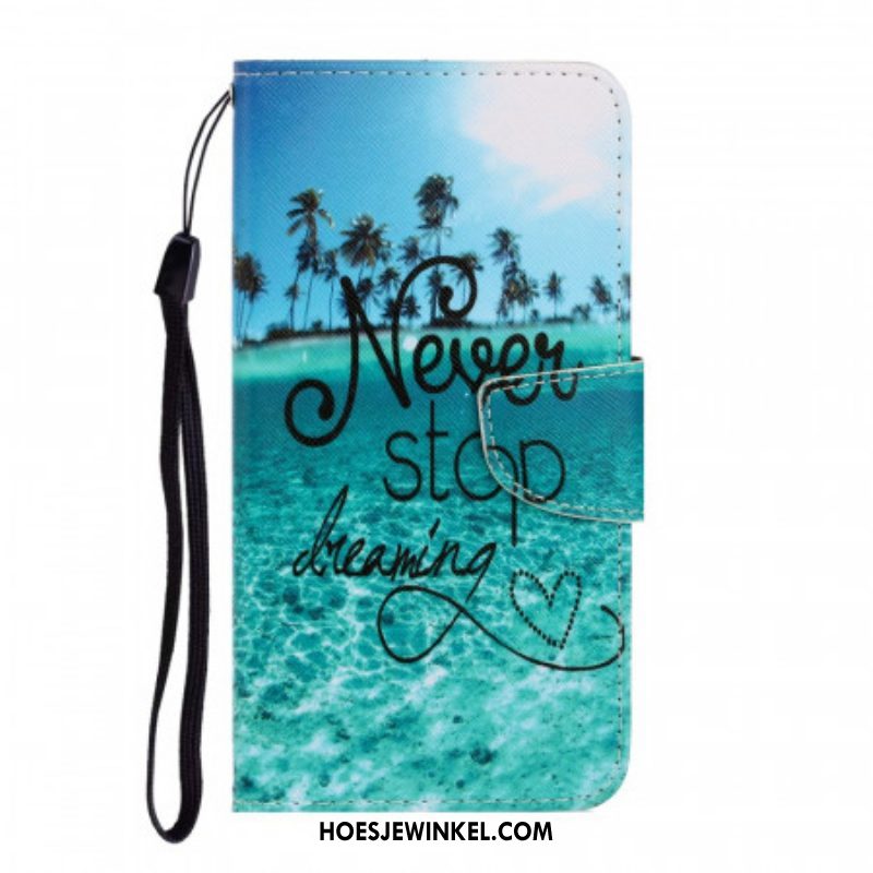 Folio-hoesje voor Samsung Galaxy S22 Ultra 5G Met Ketting Stop Nooit Met Dromen In Marineblauwe Bandjes